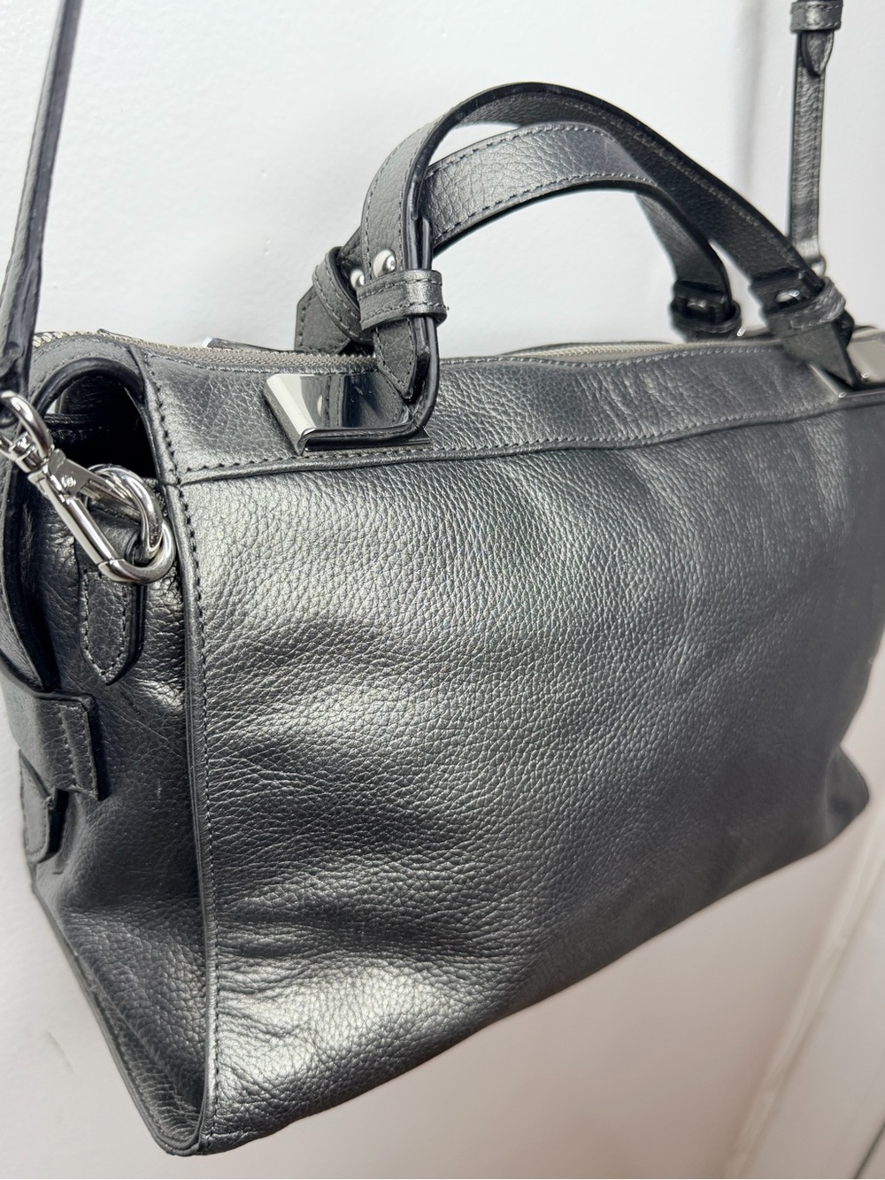 NWOT Ivanka Trump Metallic Pewter Leather Satchel